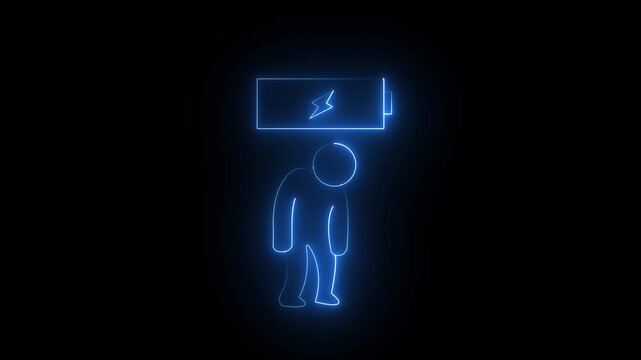 Glowing blue color  neon showing  low battery icon and a tired person appearing in the foreground, suggesting a concept of burnout and fatigue in medical professionals 4k video