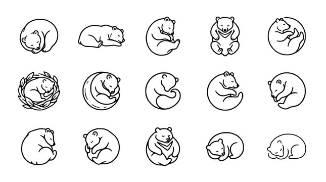 Cute Hand-Drawn Bear Icons: Sleeping, Resting, and Curled Up Poses