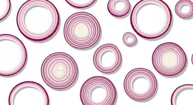 Fresh Sliced Red Onion Rings and Round Slices Illustration Pattern Isolated on White Background for Food Design