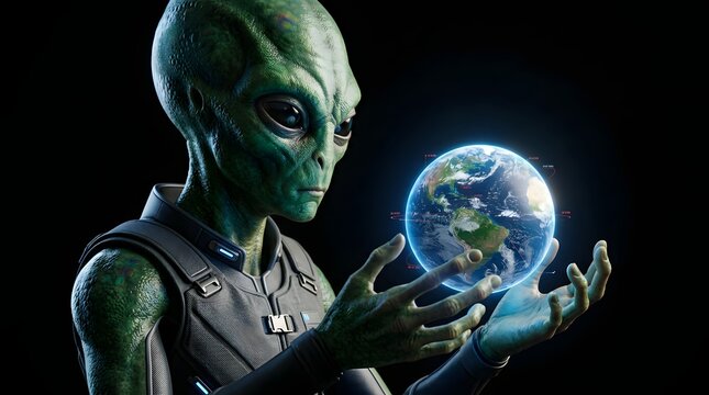 An extraterrestrial being cradles our planet Earth in its hands, symbolizing interstellar connection and cosmic exploration