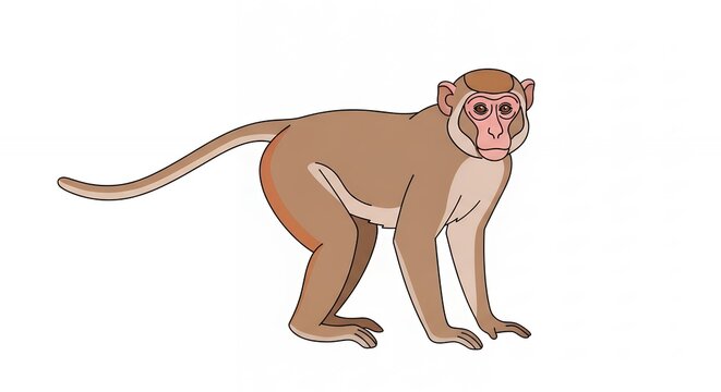 Cute brown macaque primate monkey standing and looking at camera in a flat cartoon style illustration art