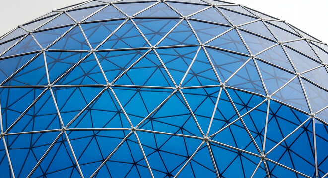 Modern Architectural Geometric Glass Dome Structure Featuring A Complex Triangular Metal Framework Pattern Design