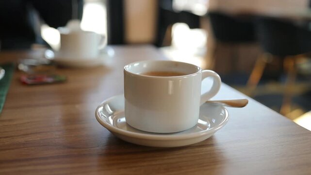 Close up of ceramic coffee cups on saucers on wooden table.
