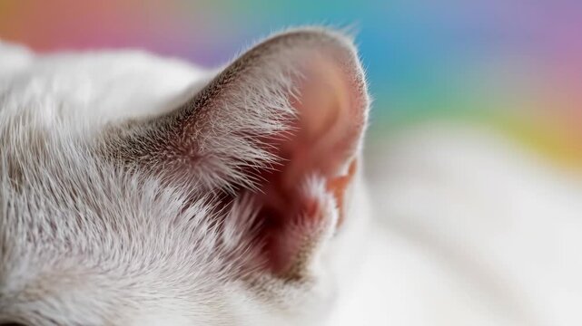 Macro White Cat Ear Twitching with Detailed Fur Against Soft Pastel Blurred Background