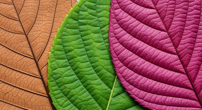 Abstract Close-up Macro Photography of Vibrant Multicolored Leaves Showing Natural Texture and Detailed Vein Patterns