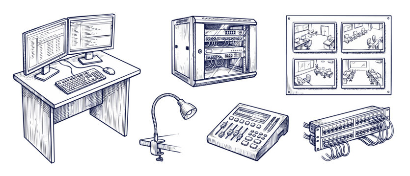 Server room equipment sketch set featuring computer desk, server rack, security monitors, control console, and network patch panel in hand-drawn engraving style isolated on white background.