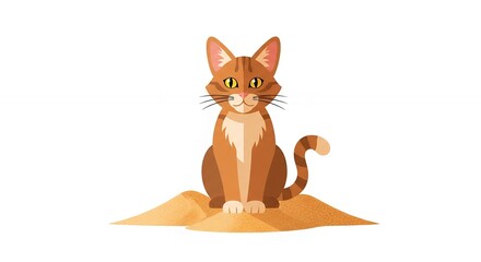 Fototapeta premium Cute Orange Tabby Cat Sitting on Sand Pile Flat Illustration Isolated on White Background for Pet Projects
