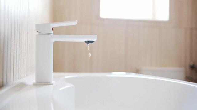 Macro close-up of water dripping in slow motion from a white modern bathroom faucet spout with aerator.