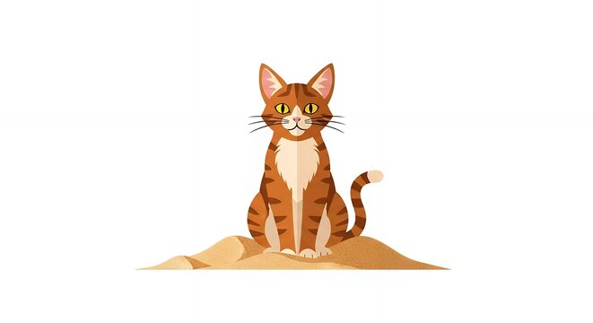 Ginger striped tabby cat sitting calmly on a pile of sand, minimalist flat illustration on white background.