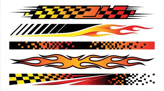 Racing Car Decal Set with Flames and Checkered Flag Designs