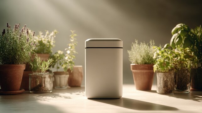 White bin standing on table among green herbs in pot. Modern waste container for kitchen waste management. Minimalist home organization decor. Eco friendly sustainable living concept.