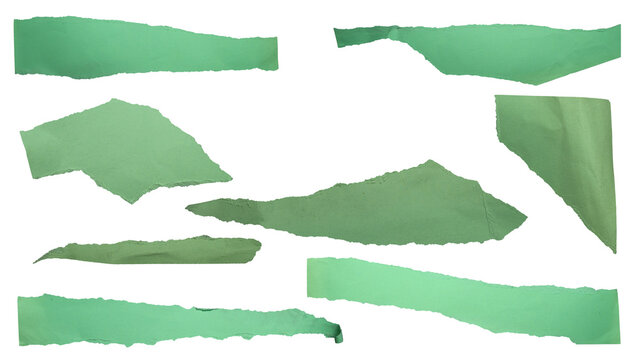 A collection of torn and ripped pieces of green paper with rough edges, isolated on a solid black background. Perfect for scrapbooking, collage, and graphic design assets