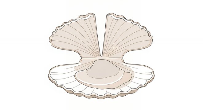 Minimalist Line Art Drawing of an Open Beige Scallop Shell Isolated on a Clean White Background Plate
