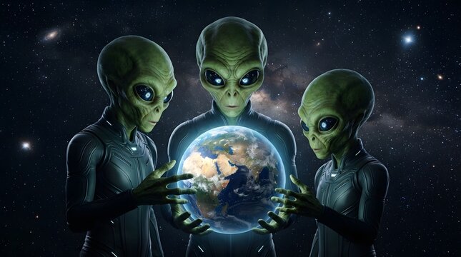 Three green aliens holding planet Earth in their hands, suggesting extraterrestrial contact and intergalactic exploration in a sci-fi concept