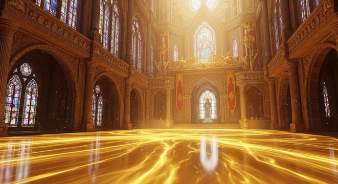 Fantasy cathedral interior with magical glowing light effects.