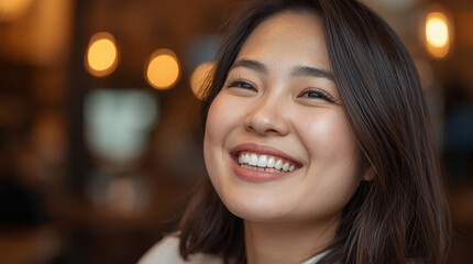 Obraz premium Cheerful Asian woman smiling with warm bokeh background