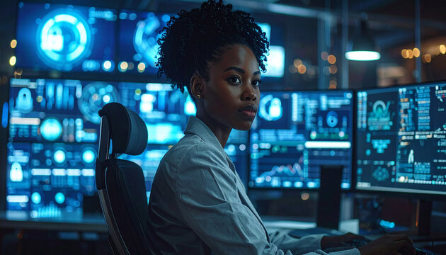 Cybersecurity Specialist- A professional woman sitting in a sleek  dark IT office