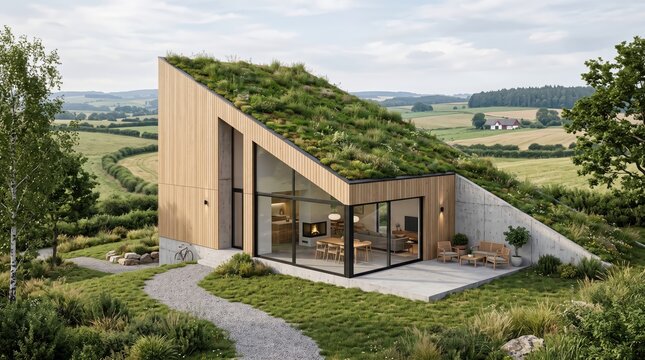 Eco-Friendly Modern Cabin with Green Roof Built into Natural Hillside