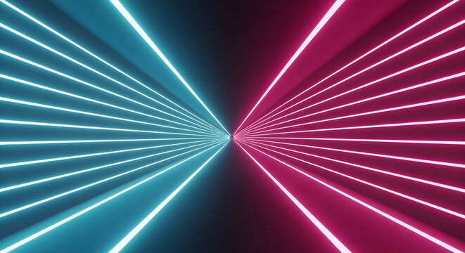 Abstract Neon Light Tunnel Background with Glowing Blue and Pink Parallel Lines Stretching into a Futuristic Digital Perspective Point