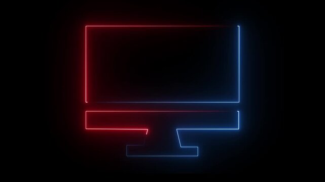Monitor, computer display neon sign. blue and red glowing symbol on black background. 4k animation video....