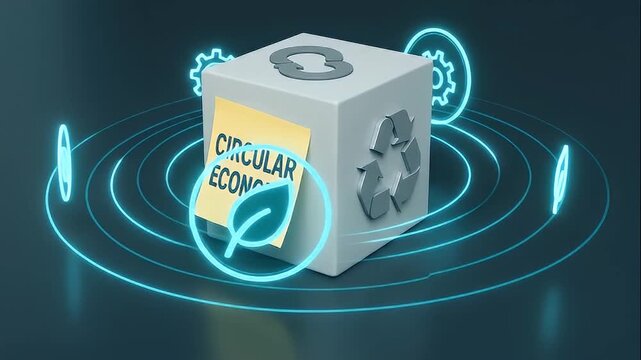 Circular economy concept featuring cube with recycling, sustainability, and eco friendly icons glowing blue light, highlighting digital technology, innovation, green environment, and resource