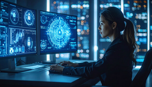 Cybersecurity Specialist- A professional woman sitting in a sleek  dark IT office