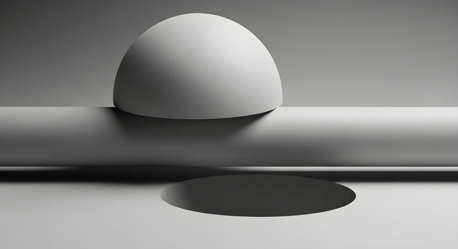 Minimalist abstract composition featuring a geometric hemisphere resting on a cylinder with soft lighting and deep shadows for modern design