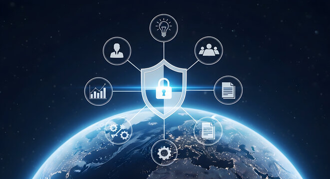 Global Cyber Security Shield Concept Featuring Digital Data Protection Icons Over Earth Background for Secure Network Infrastructure