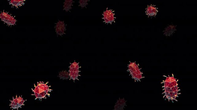 Abstract Animation Loop of Red Low Poly Bacteria Floating Forward on a Transparent Background. Gut microbiome bacteria and microbial cells for biotechnology, microbiology and immunology research.