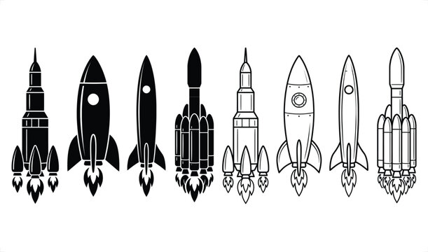 Diverse rocket silhouettes in a row with stylized flames against a white background vector illustration