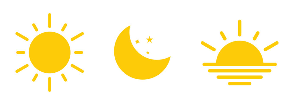 Sun, moon and sunset solid icon set. Day and night celestial symbols. Sunrise and sunset weather icons. Solar and lunar nature elements. Flat glyph vector collection isolated on transparent background
