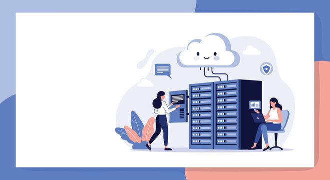 Female database administrators working with server racks connected to a cloud storage system in cybersecurity data center.