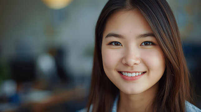 Smiling Asian teenage girl portrait with soft indoor bokeh and confident expression