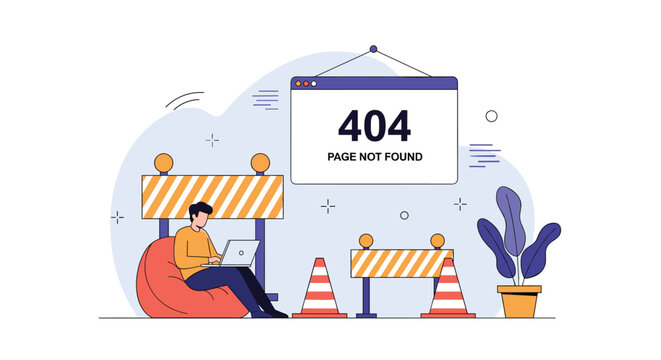 Developer sitting on bean bag chair with laptop near construction barriers to fix page 404 error website offline.