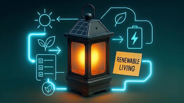 Renewable living concept featuring glowing solar lantern with neon battery, leaf, and checklist icons symbolizing sustainable energy and eco friendly power solutions for modern living