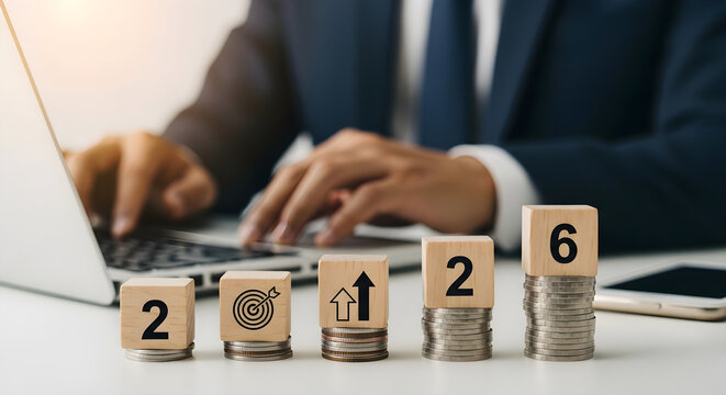 Professional Businessman Planning Annual Financial Growth Strategy for Year 2026 with Stacked Coins and Growth Symbols