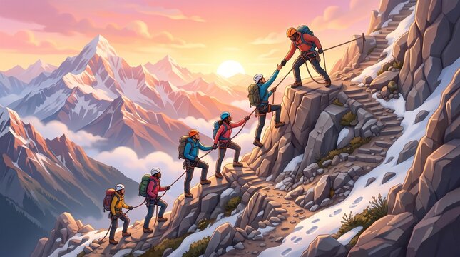 Mountaineers Climbing Rocky Peak at Sunset with Teammate Helping Hand, Illustration of Mountain Expedition Adventure