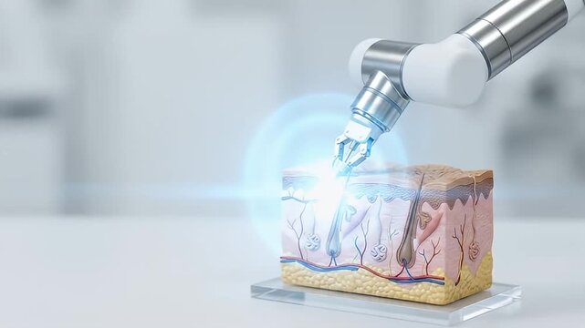 Robotic arm skin model laser treatment medical technology dermatology healthcare futuristic clinical skin layers advanced device precision surgery innovation artificial intelligence performing