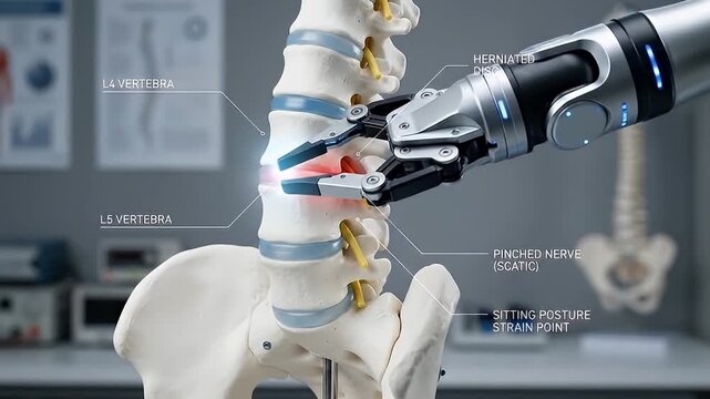 Robotic surgery on lumbar spine herniated disc and pinched nerve between vertebrae highlighting sitting posture strain and sciatic nerve pain in medical environment