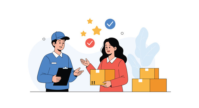 Postman in blue uniform delivering a cardboard parcel to a happy female customer who gives positive ratings.