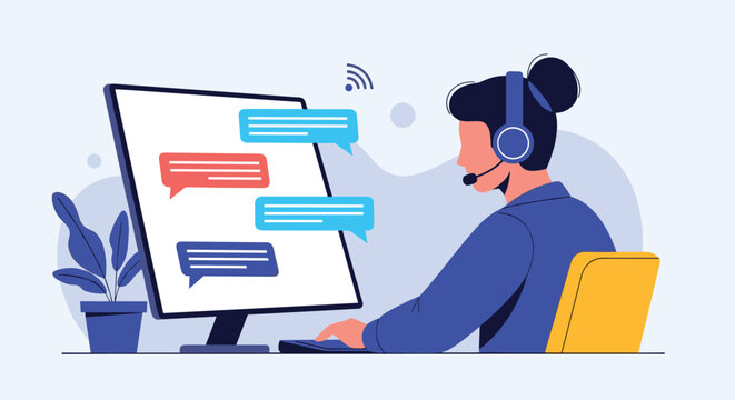 Female call center customer support agent sitting at a desk with headset and managing digital screen chat bubbles.