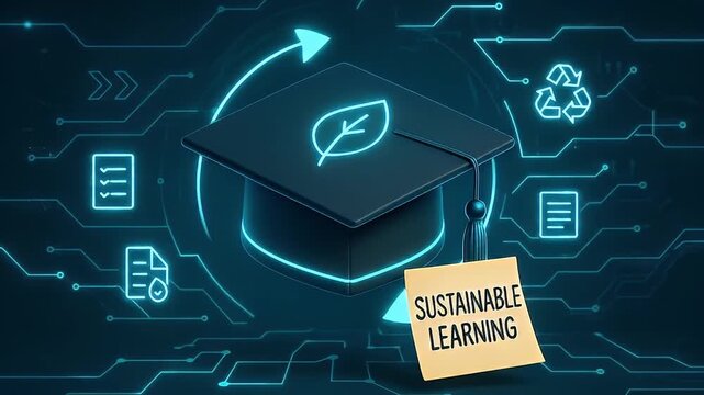 Sustainable learning concept featuring graduation cap, leaf symbol, digital icons, and recycling sign representing eco friendly education, continuous knowledge growth, and environmental awareness