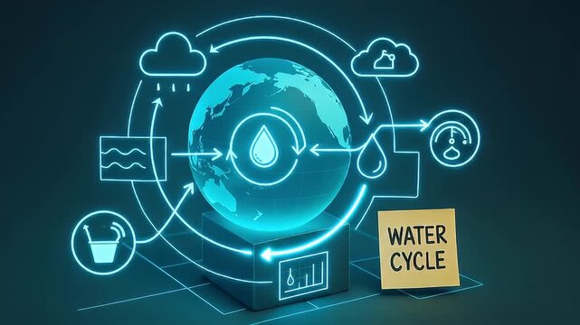 Water cycle diagram featuring glowing blue earth globe with rain, evaporation, condensation, and water flow icons digital futuristic style illustrating natural water movement and environmental process