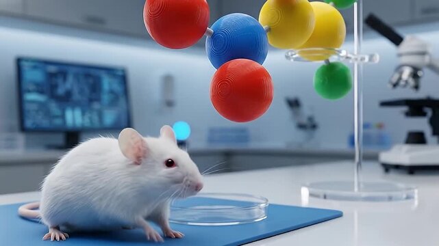 White laboratory mouse explores colorful molecular model near microscope and petri dish in scientific research lab focused on biology genetics chemistry animal testing and science experiment