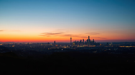 Fototapeta premium Twilight skyline silhouette with glowing city lights and tranquil gradient sky at dusk