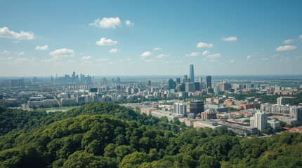 Fototapeta premium Aerial view of modern city skyline beyond lush green forest with bright sky and clouds