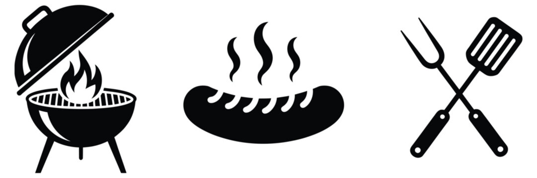 Barbecue Grill And Sausage Icons Grilling Equipment and Sausage Symbols for Food Service Party and Culinary Branding Vector