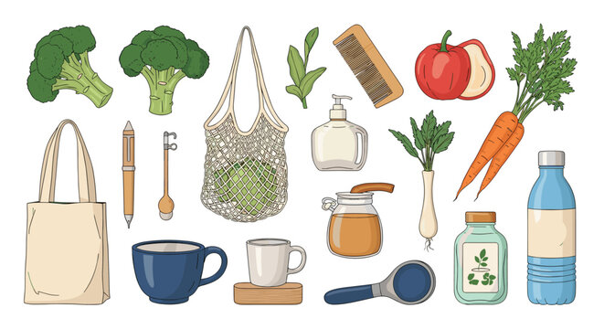 Collection of eco-friendly zero waste lifestyle items including canvas bags, fresh vegetables, and reusable cups.