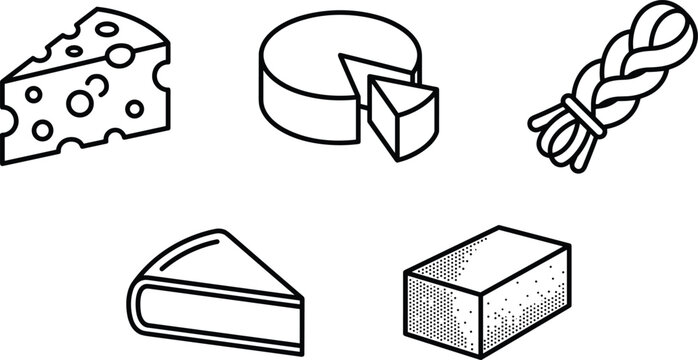 Gourmet Cheese Dairy Product Line Icon Set Featuring Swiss Emmental Cheddar Wheel Braided String and Butter Block Vectors