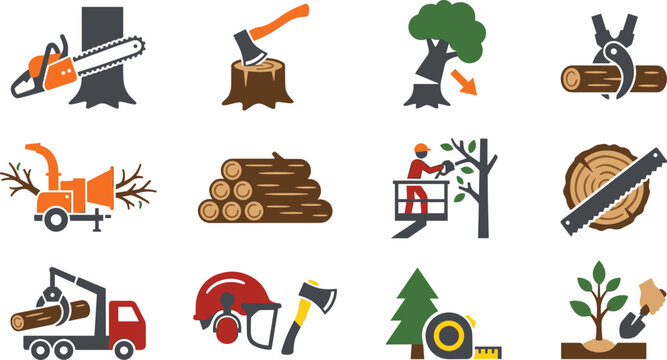 Lumberjack Forestry and Tree Service Icon Set with Chainsaws, Axes, Wood Chippers, Logging Trucks, and Arborist Equipment Vectors
